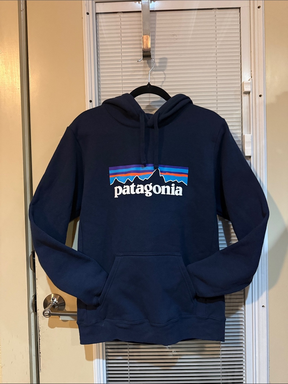 Patagonia Navy Pullover Hoodie with Multicolor Logo